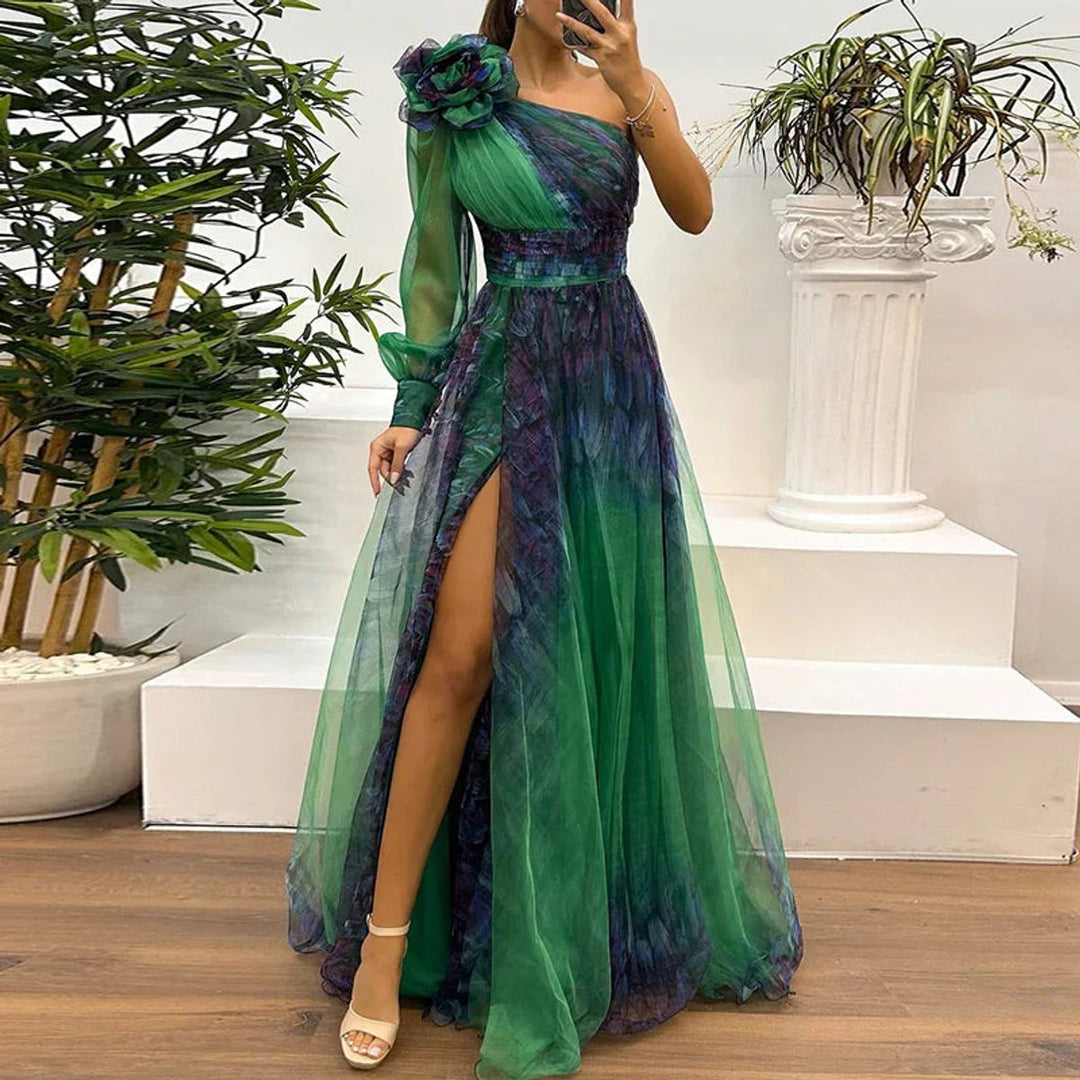 Women's One-Shoulder Tulle Maxi Formal Dress High-Slit Floral