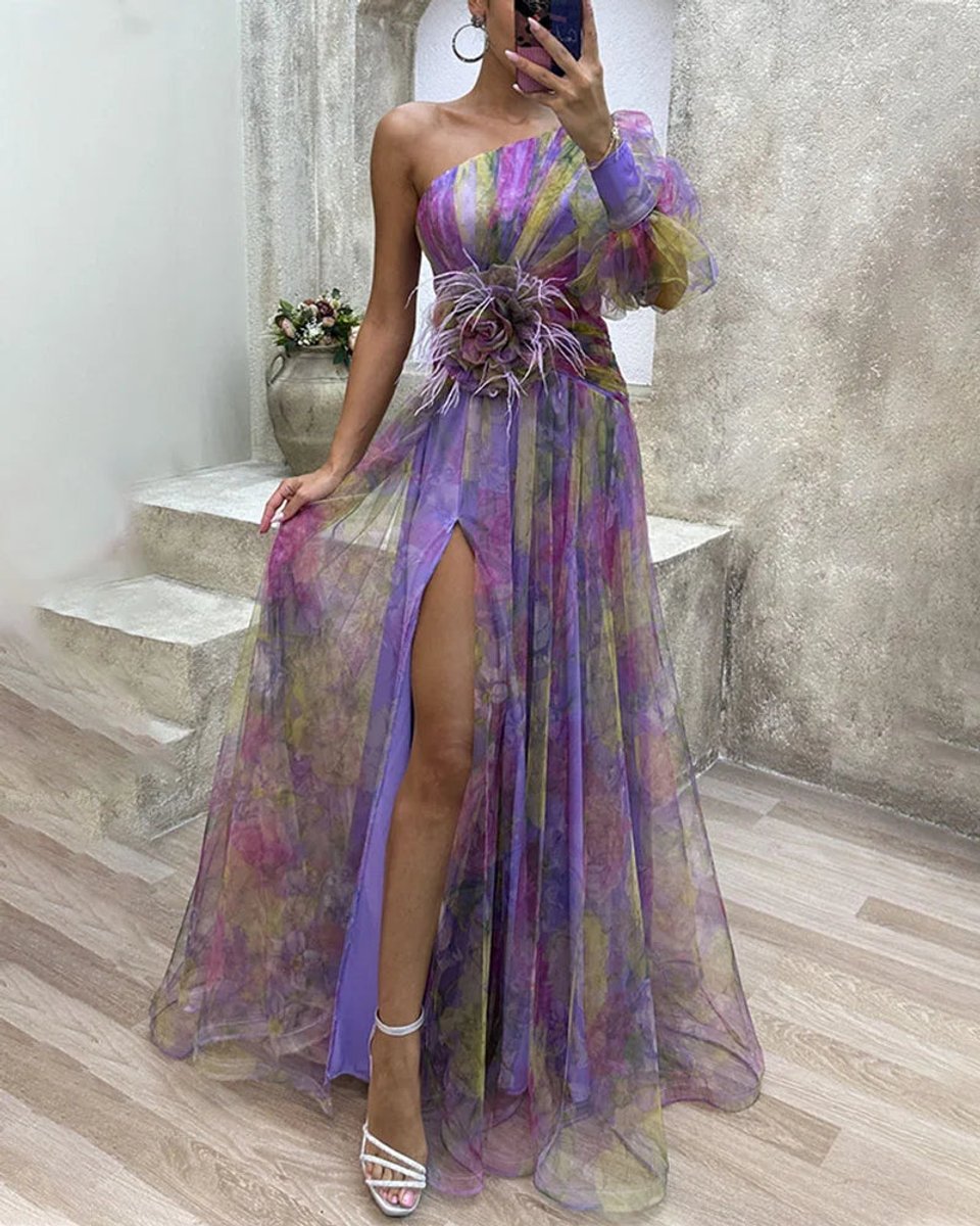 Women's One-Shoulder Tulle Maxi Formal Dress High-Slit Floral