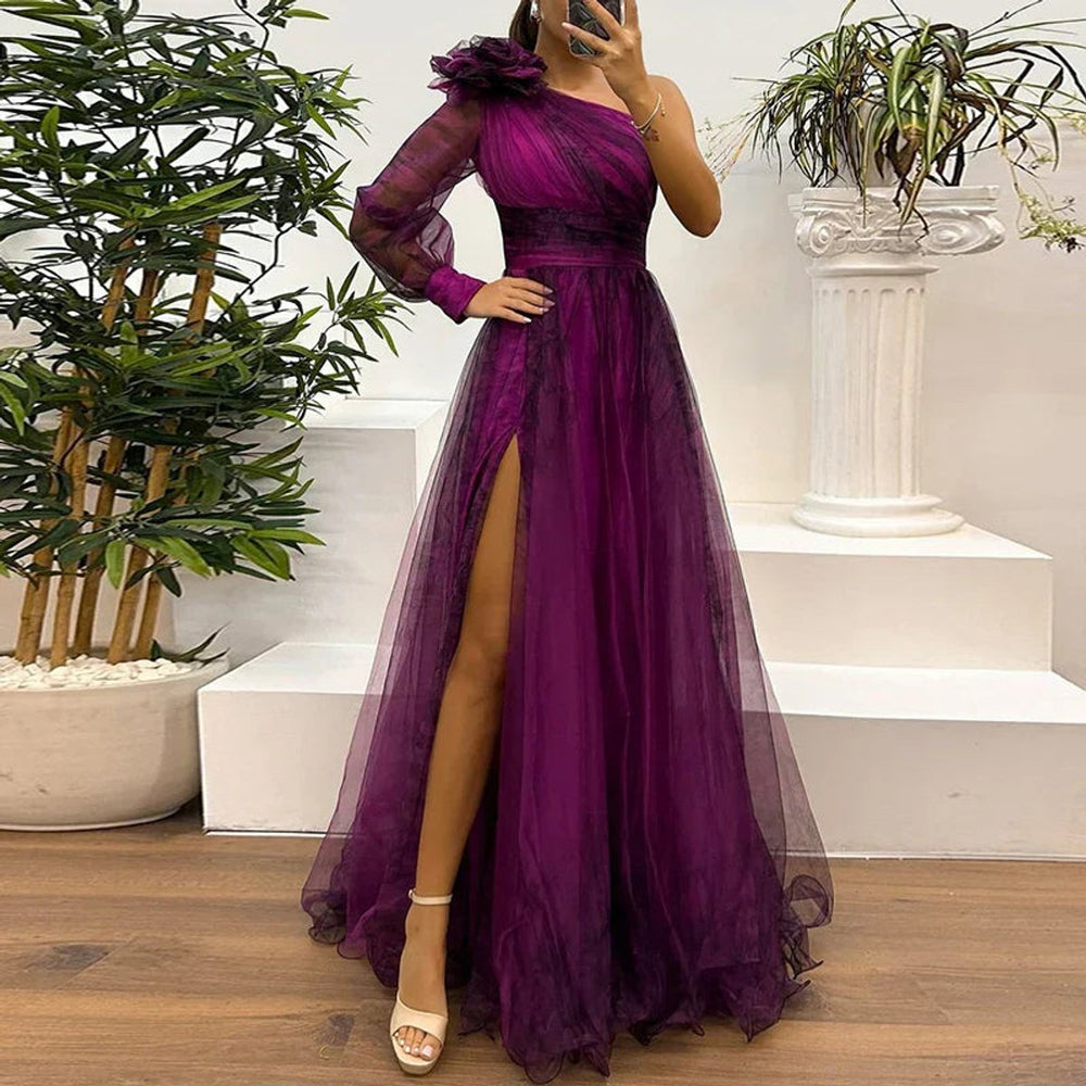 Women's One-Shoulder Tulle Maxi Formal Dress High-Slit Floral