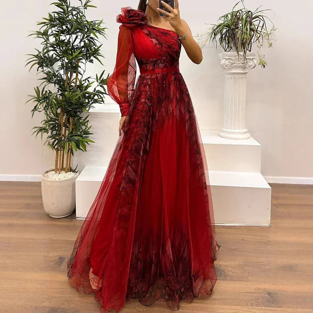 Women's One-Shoulder Tulle Maxi Formal Dress High-Slit Floral
