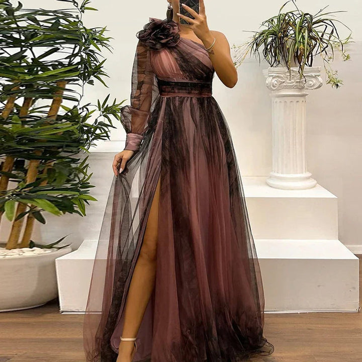 Women's One-Shoulder Tulle Maxi Formal Dress High-Slit Floral
