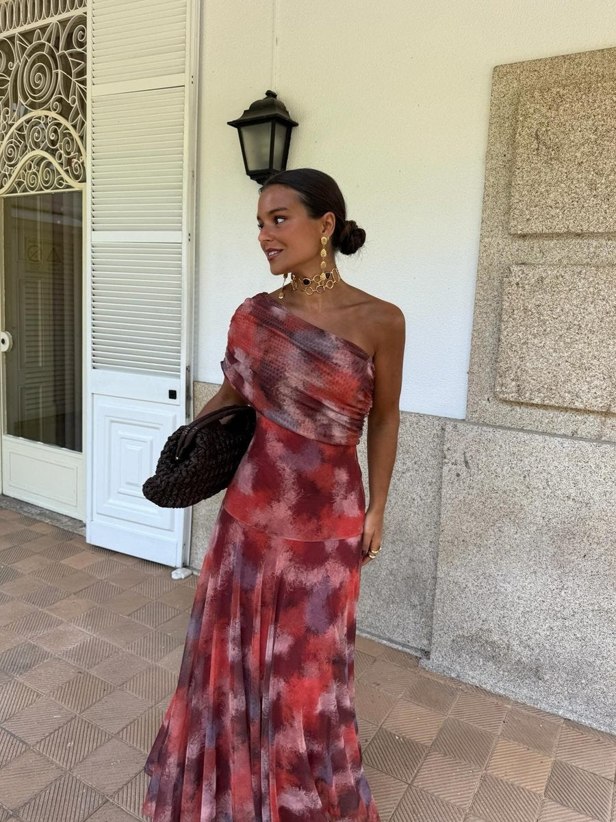 Women's One-Shoulder Watercolor Print Maxi Formal Dress
