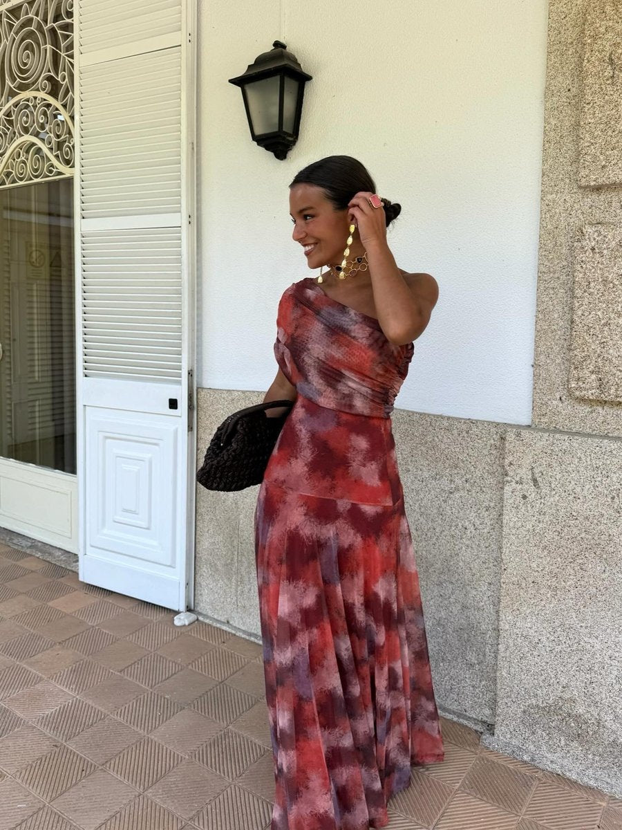 Women's One-Shoulder Watercolor Print Maxi Formal Dress