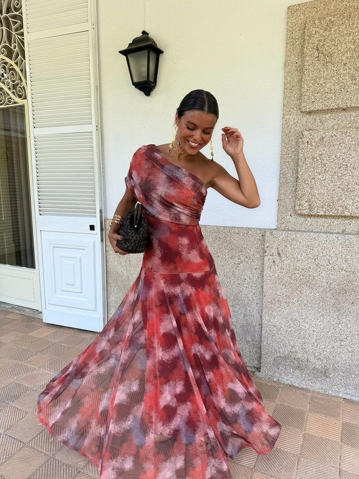 Women's One-Shoulder Watercolor Print Maxi Formal Dress