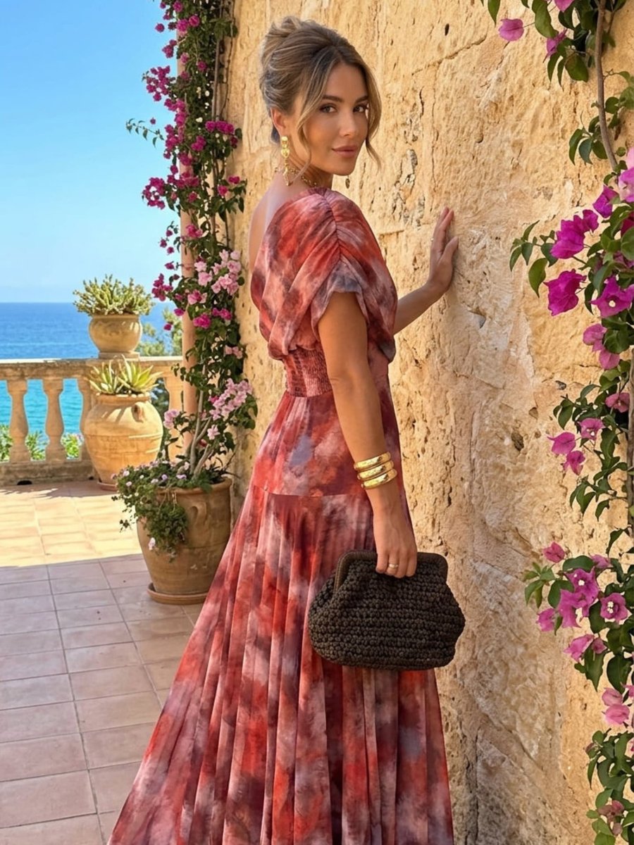 Women's One-Shoulder Watercolor Print Maxi Formal Dress