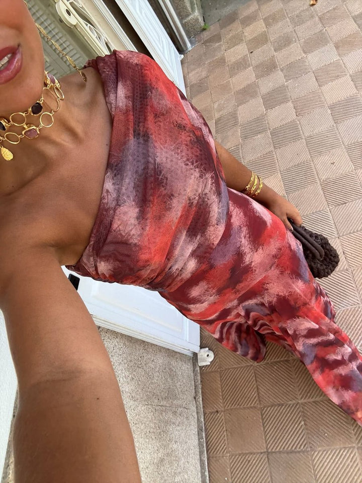 Women's One-Shoulder Watercolor Print Maxi Formal Dress