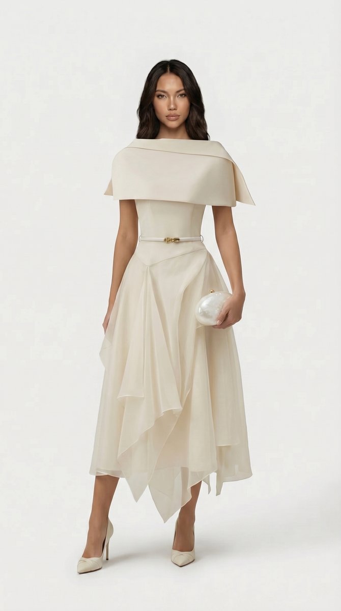 Women's Open-Back Gauze Cape Fall Wedding Guest Dress