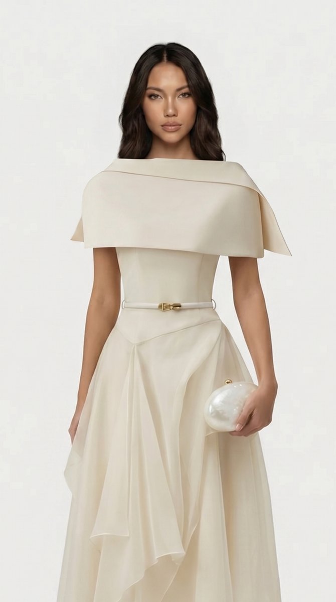 Women's Open-Back Gauze Cape Fall Wedding Guest Dress