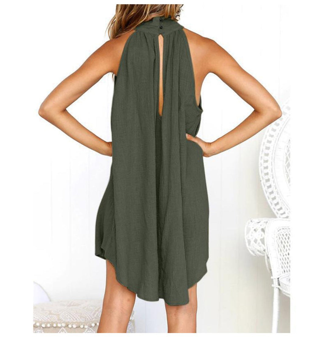 Women's Open-Back Halter-Neck Sleeveless Fall Midi Dress