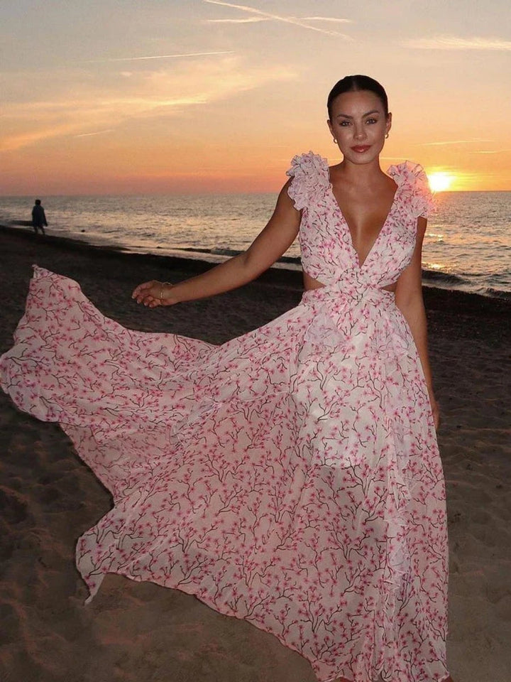 Women's Open-Back Ruffle Floral Maxi Formal Dress