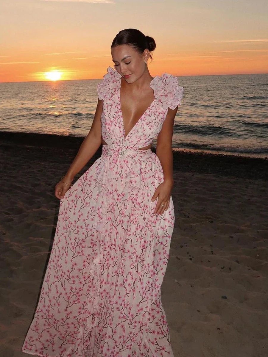 Women's Open-Back Ruffle Floral Maxi Formal Dress