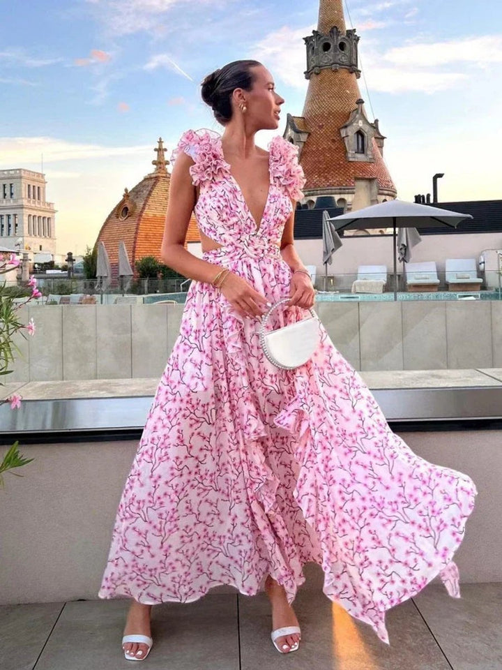 Women's Open-Back Ruffle Floral Maxi Formal Dress