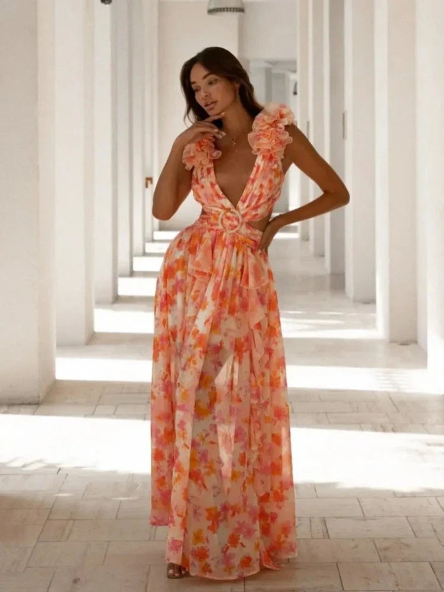 Women's Open-Back Ruffle Floral Maxi Formal Dress