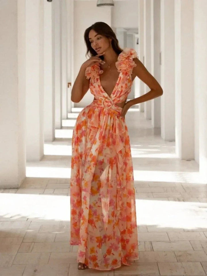 Women's Open-Back Ruffle Floral Maxi Formal Dress