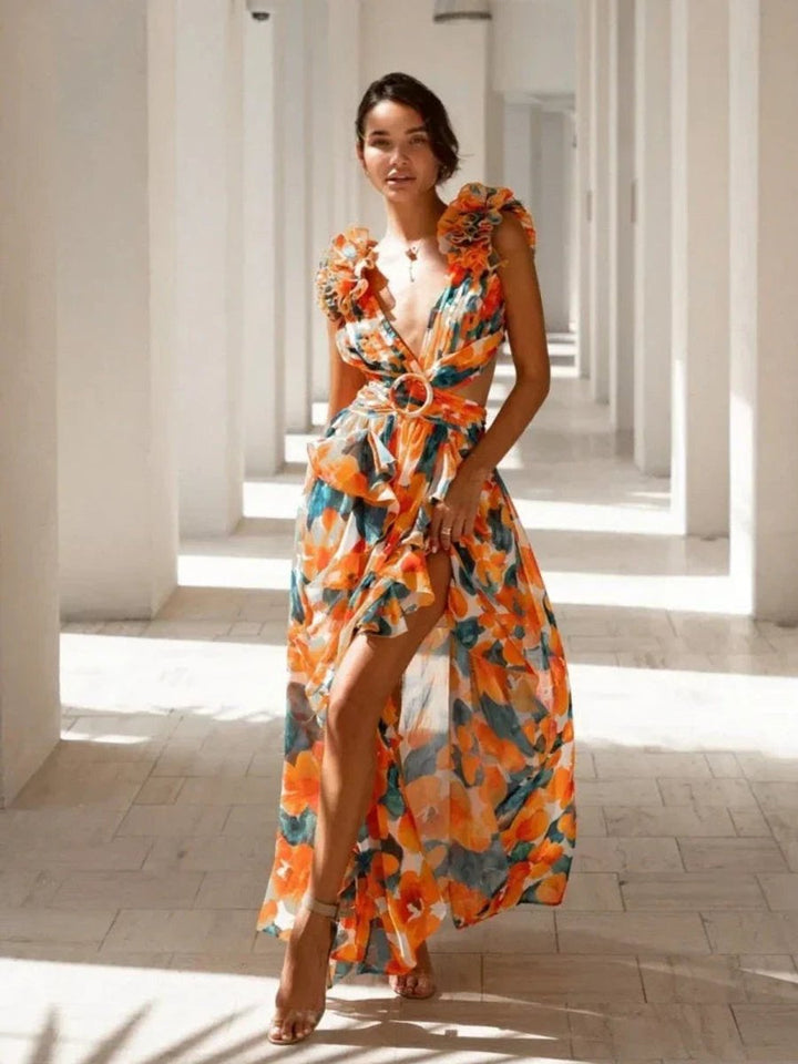 Women's Open-Back Ruffle Floral Maxi Formal Dress