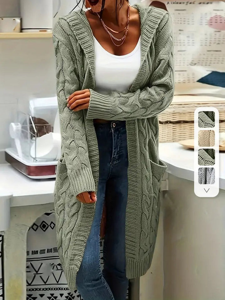 Women's Open-Front Cable-Knit Hooded Long Cardigan Sweater