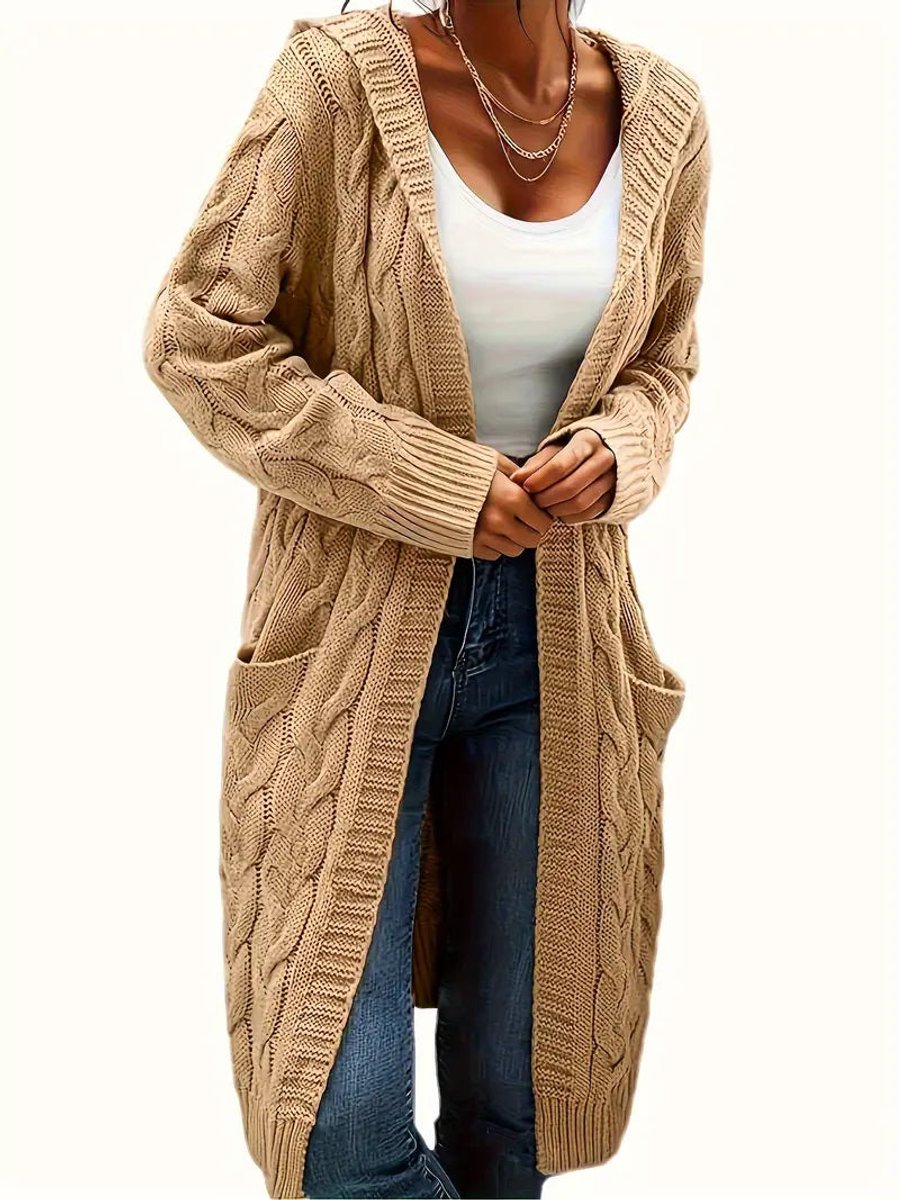 Women's Open-Front Cable-Knit Hooded Long Cardigan Sweater