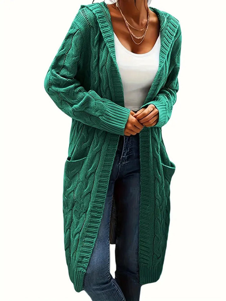 Women's Open-Front Cable-Knit Hooded Long Cardigan Sweater