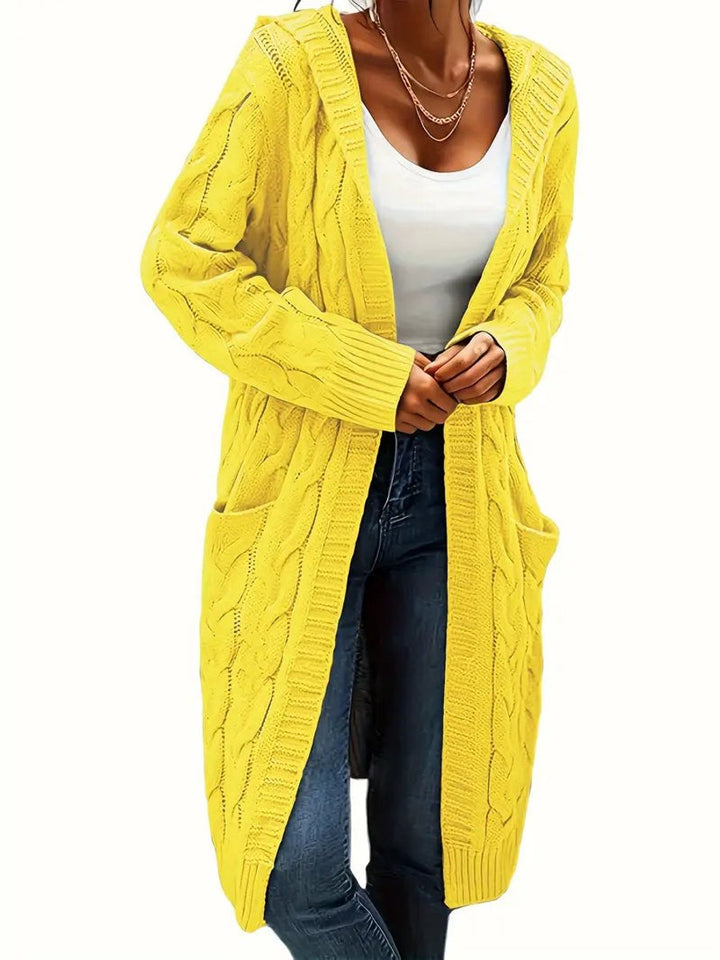 Women's Open-Front Cable-Knit Hooded Long Cardigan Sweater