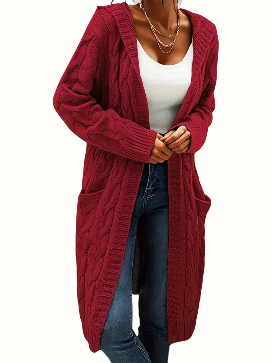 Women's Open-Front Cable-Knit Hooded Long Cardigan Sweater