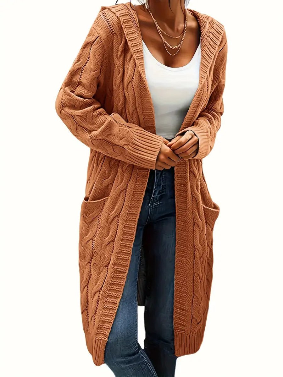 Women's Open-Front Cable-Knit Hooded Long Cardigan Sweater