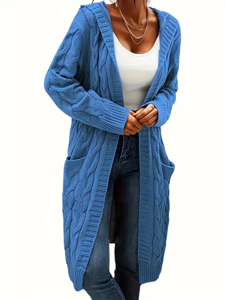 Women's Open-Front Cable-Knit Hooded Long Cardigan Sweater