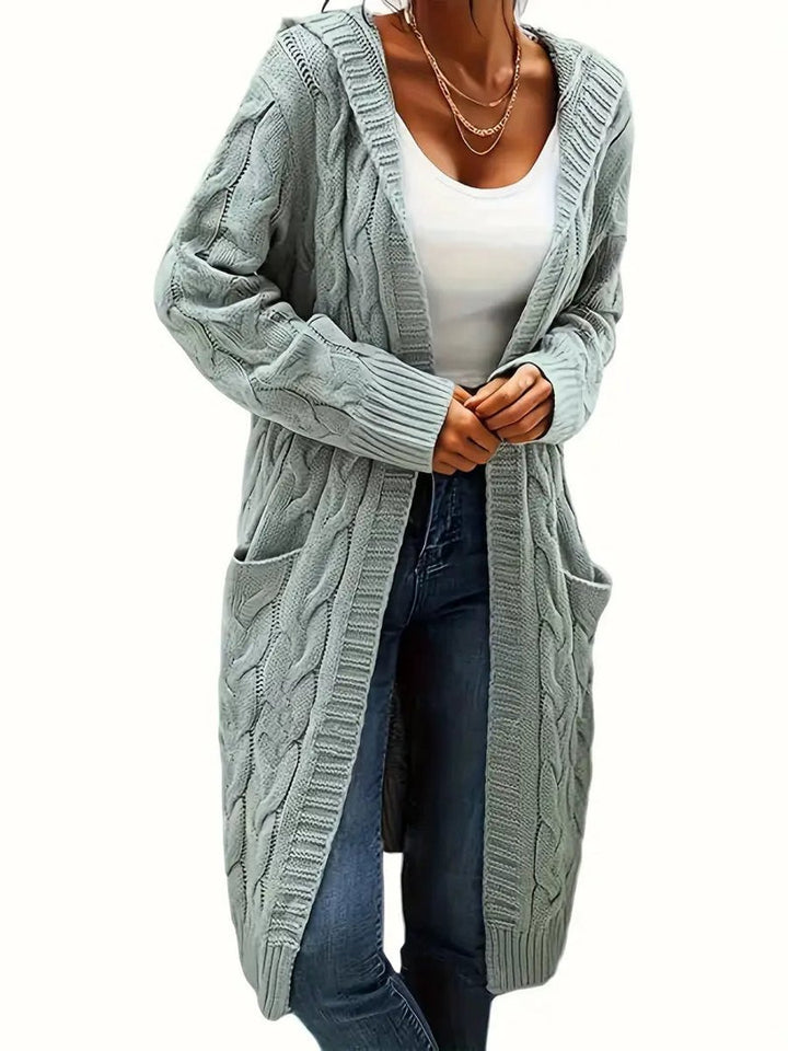 Women's Open-Front Cable-Knit Hooded Long Cardigan Sweater