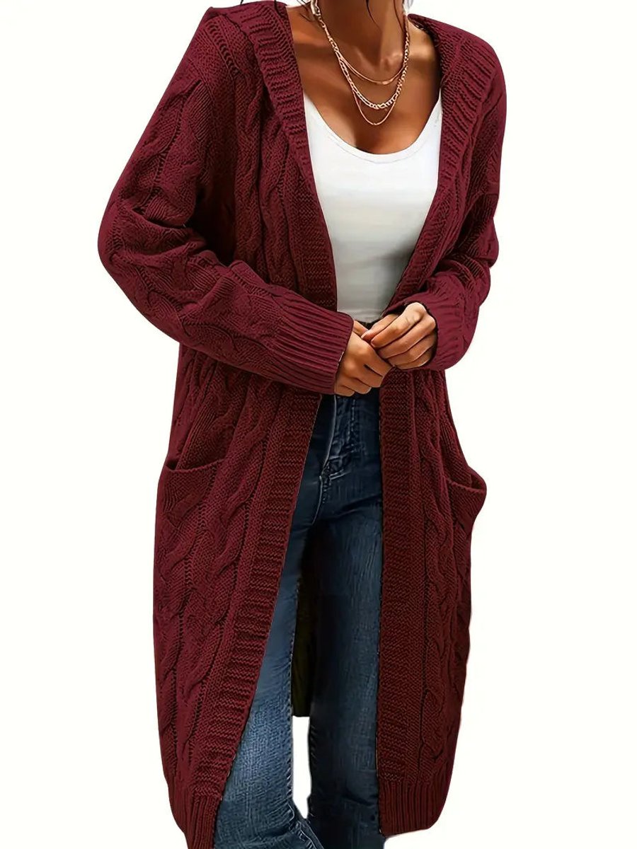 Women's Open-Front Cable-Knit Hooded Long Cardigan Sweater