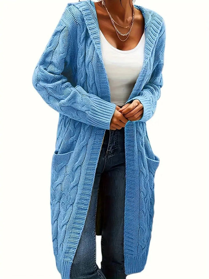 Women's Open-Front Cable-Knit Hooded Long Cardigan Sweater