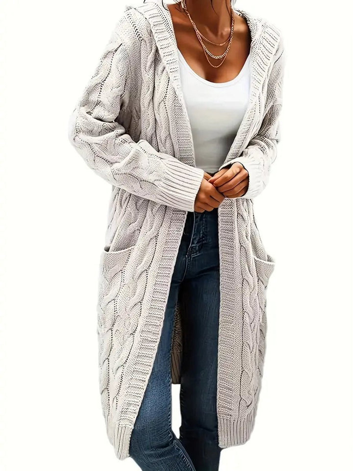 Women's Open-Front Cable-Knit Hooded Long Cardigan Sweater
