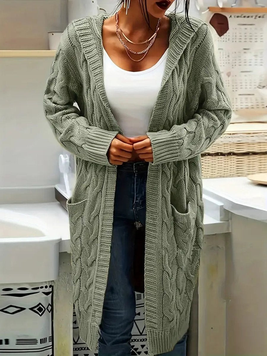 Women's Open-Front Cable-Knit Hooded Long Cardigan Sweater