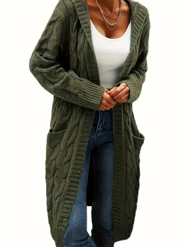 Women's Open-Front Cable-Knit Hooded Long Cardigan Sweater