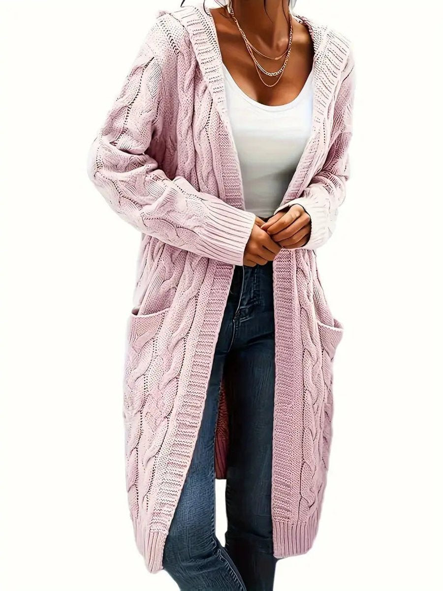 Women's Open-Front Cable-Knit Hooded Long Cardigan Sweater