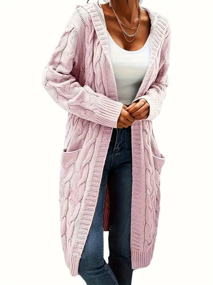 Women's Open-Front Cable-Knit Hooded Long Cardigan Sweater