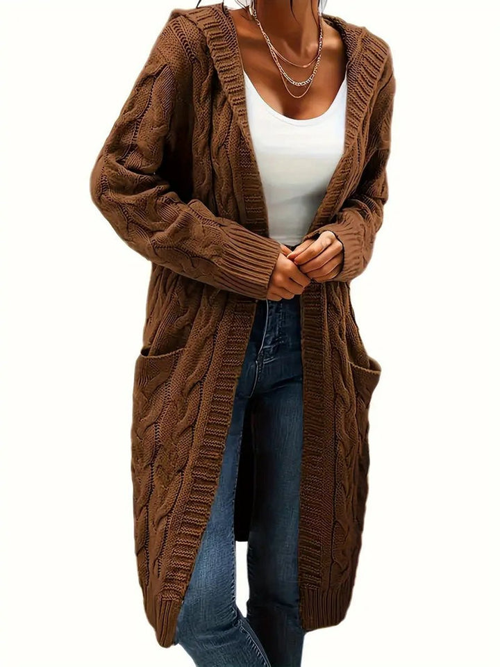 Women's Open-Front Cable-Knit Hooded Long Cardigan Sweater