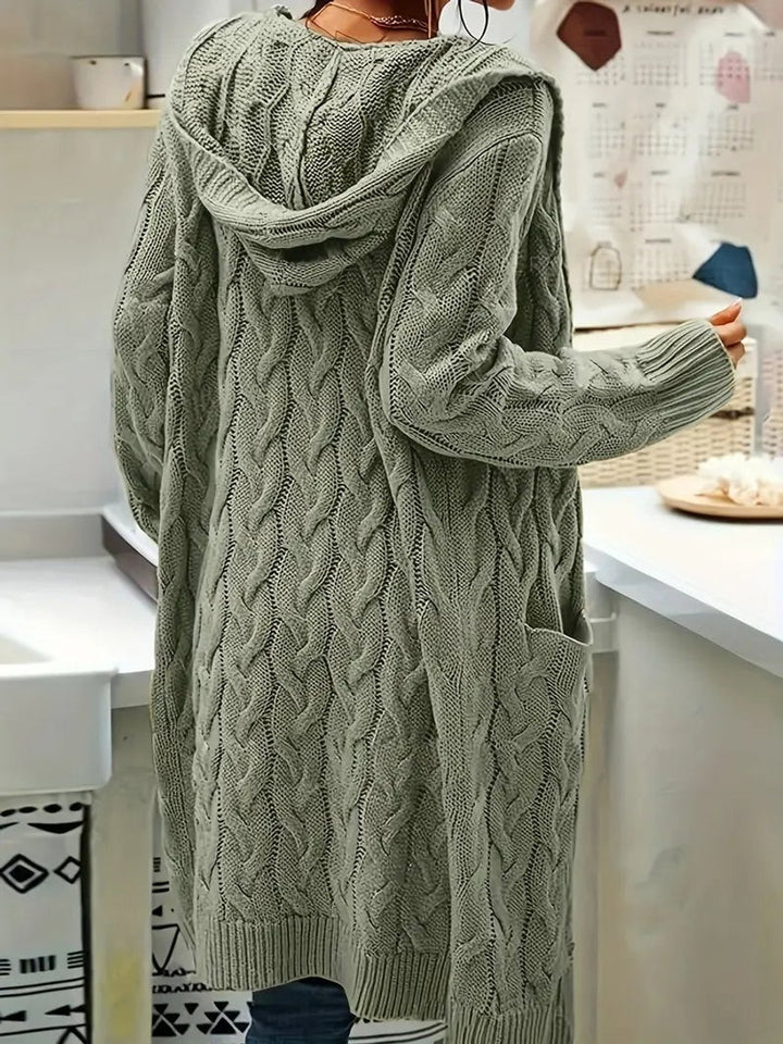 Women's Open-Front Cable-Knit Hooded Long Cardigan Sweater