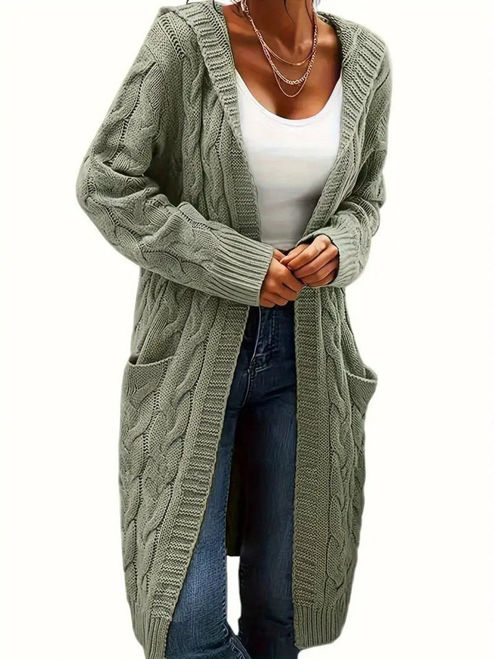 Women's Open-Front Cable-Knit Hooded Long Cardigan Sweater