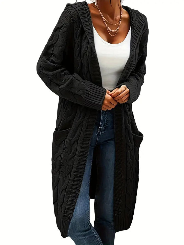 Women's Open-Front Cable-Knit Hooded Long Cardigan Sweater
