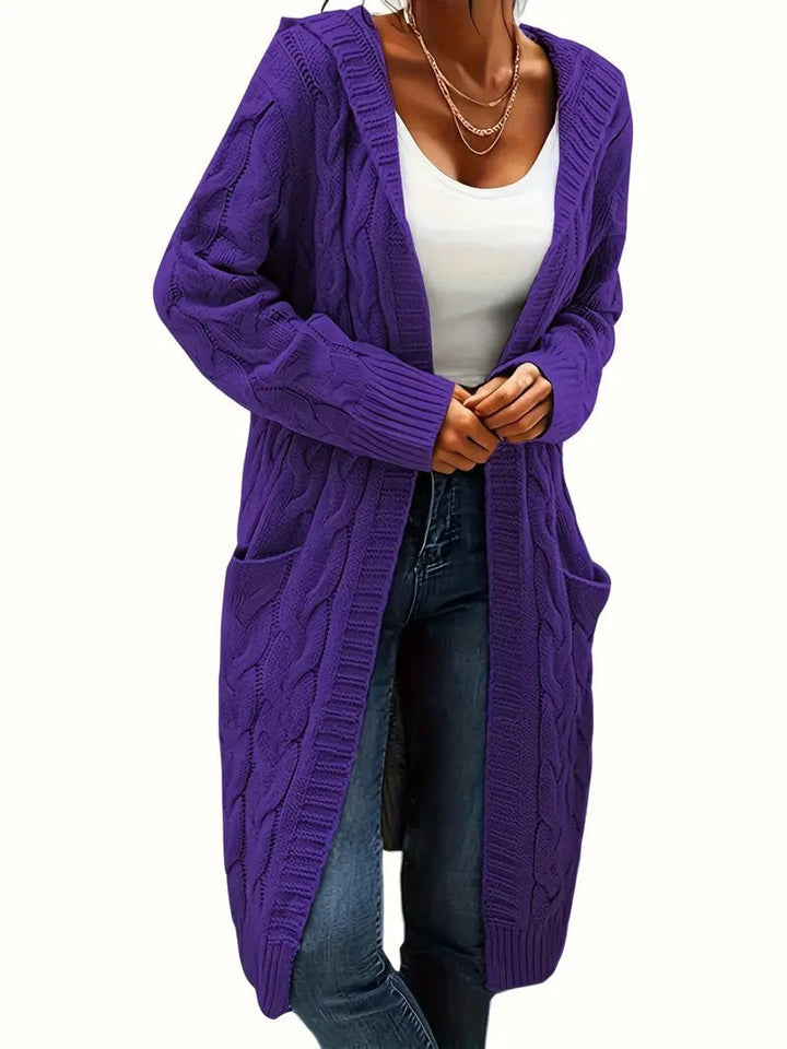 Women's Open-Front Cable-Knit Hooded Long Cardigan Sweater