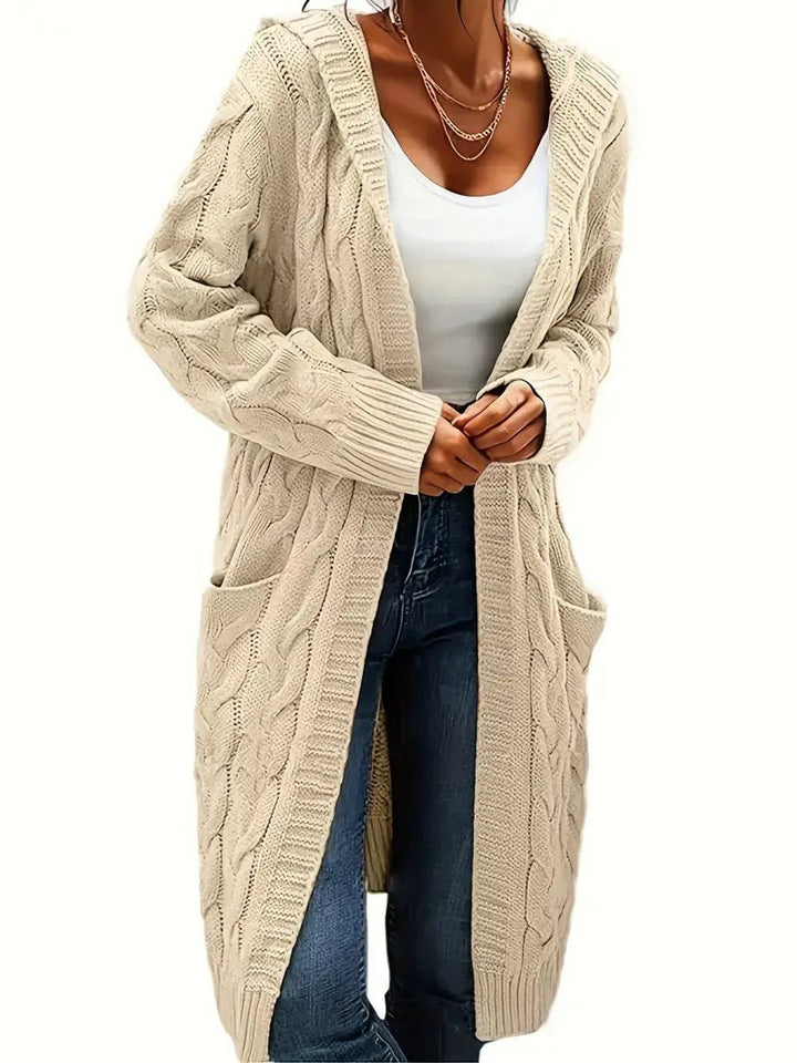 Women's Open-Front Cable-Knit Hooded Long Cardigan Sweater