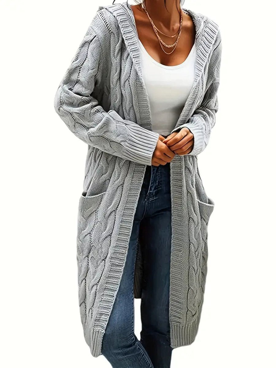 Women's Open-Front Cable-Knit Hooded Long Cardigan Sweater