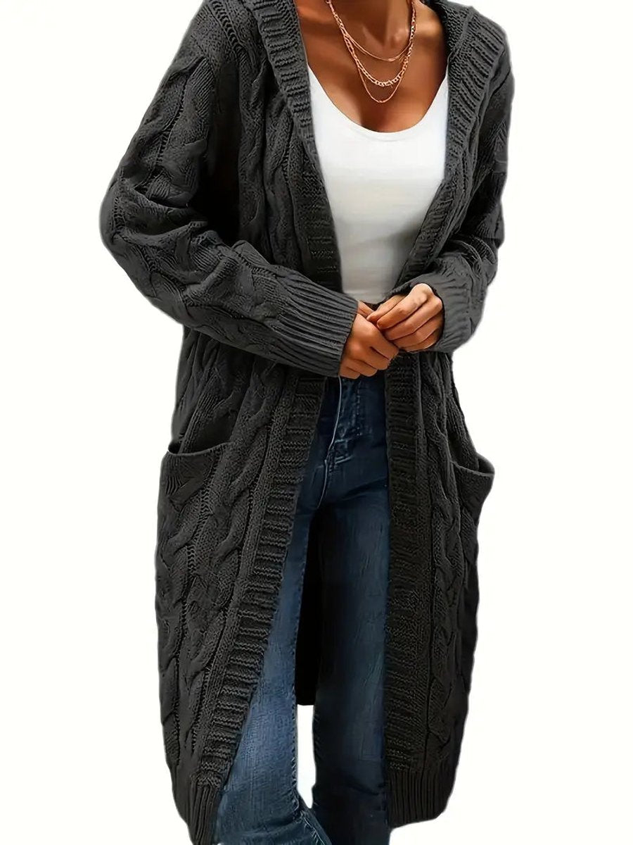 Women's Open-Front Cable-Knit Hooded Long Cardigan Sweater