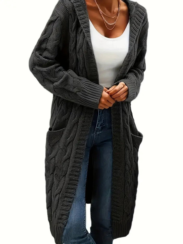Women's Open-Front Cable-Knit Hooded Long Cardigan Sweater