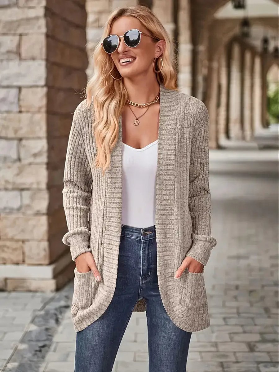 Women's Open-Front Ribbed Knit Long Sleeve Cardigan Sweater
