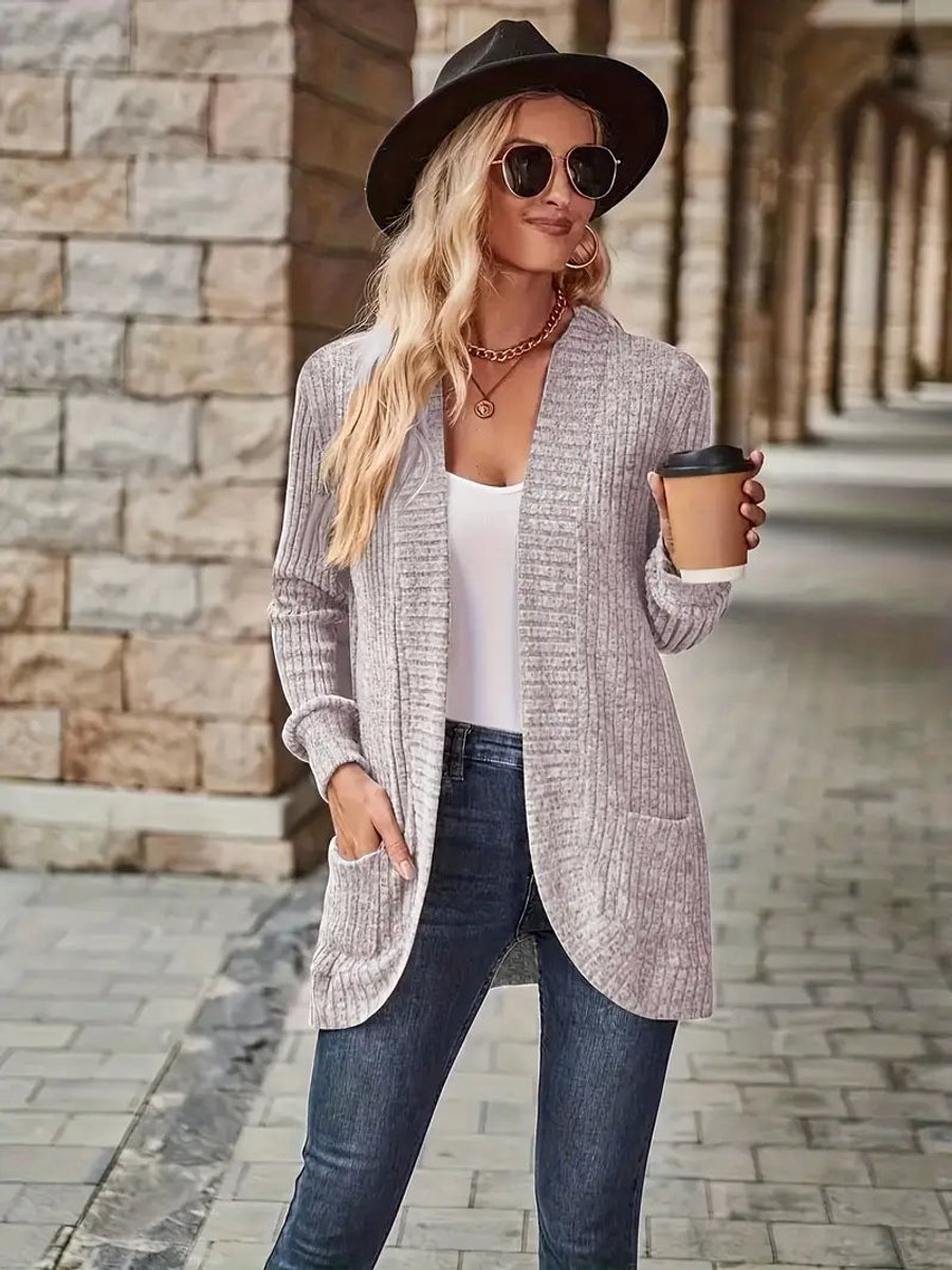 Women's Open-Front Ribbed Knit Long Sleeve Cardigan Sweater