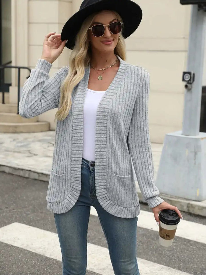 Women's Open-Front Ribbed Knit Long Sleeve Cardigan Sweater