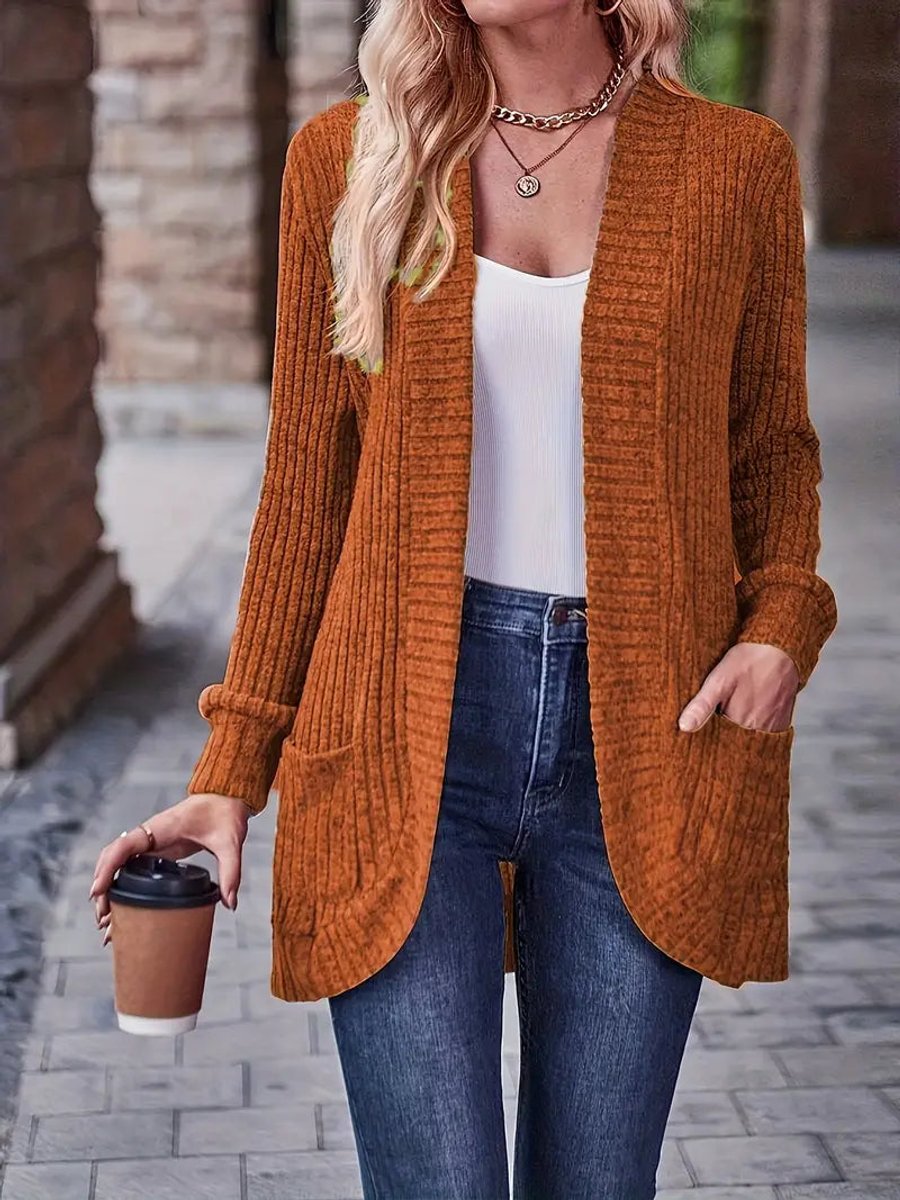 Women's Open-Front Ribbed Knit Long Sleeve Cardigan Sweater