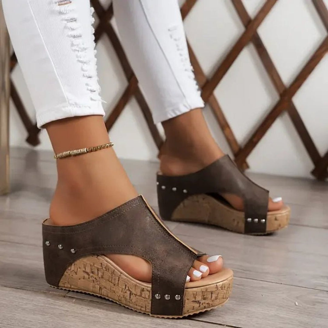 Women's Open-Toe Cork Wedge Platform Slip-On Sandals