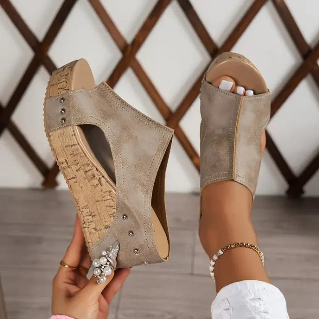Women's Open-Toe Cork Wedge Platform Slip-On Sandals