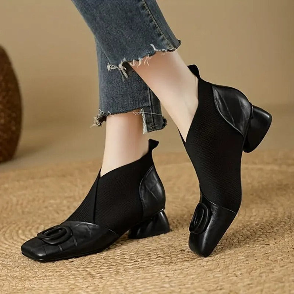 Women's Orthopedic Block-Heel Quilted Leather Ankle Boots - Black